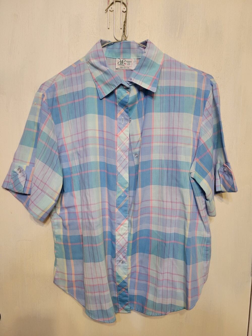 Ladies MEDIUM Haband FOR HER Pastel Plaid Button UP RETRO TOP BLOUSE